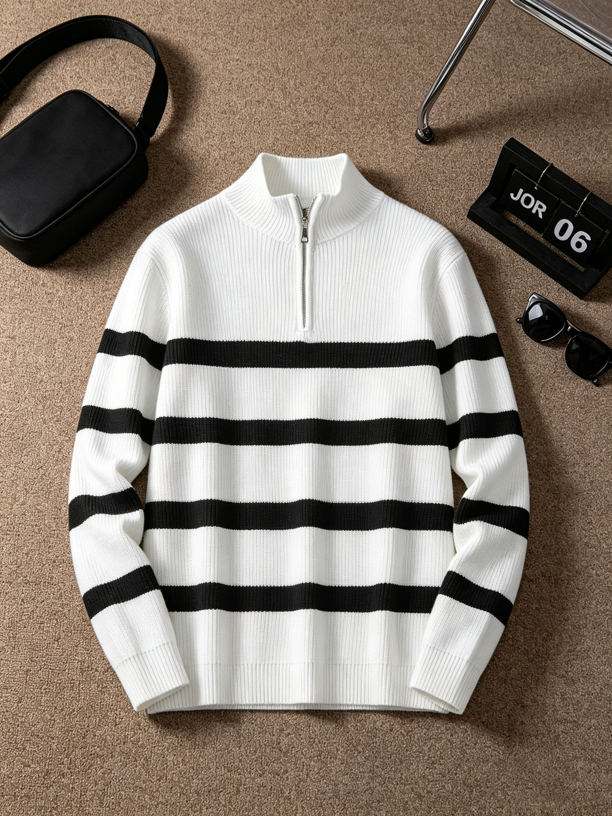 Men'S Semi-High Neck Zipper Knit Sweater, Wide Horizontal Stripe Long Sleeve Pullover, Casual Loose Knit Jacket - White