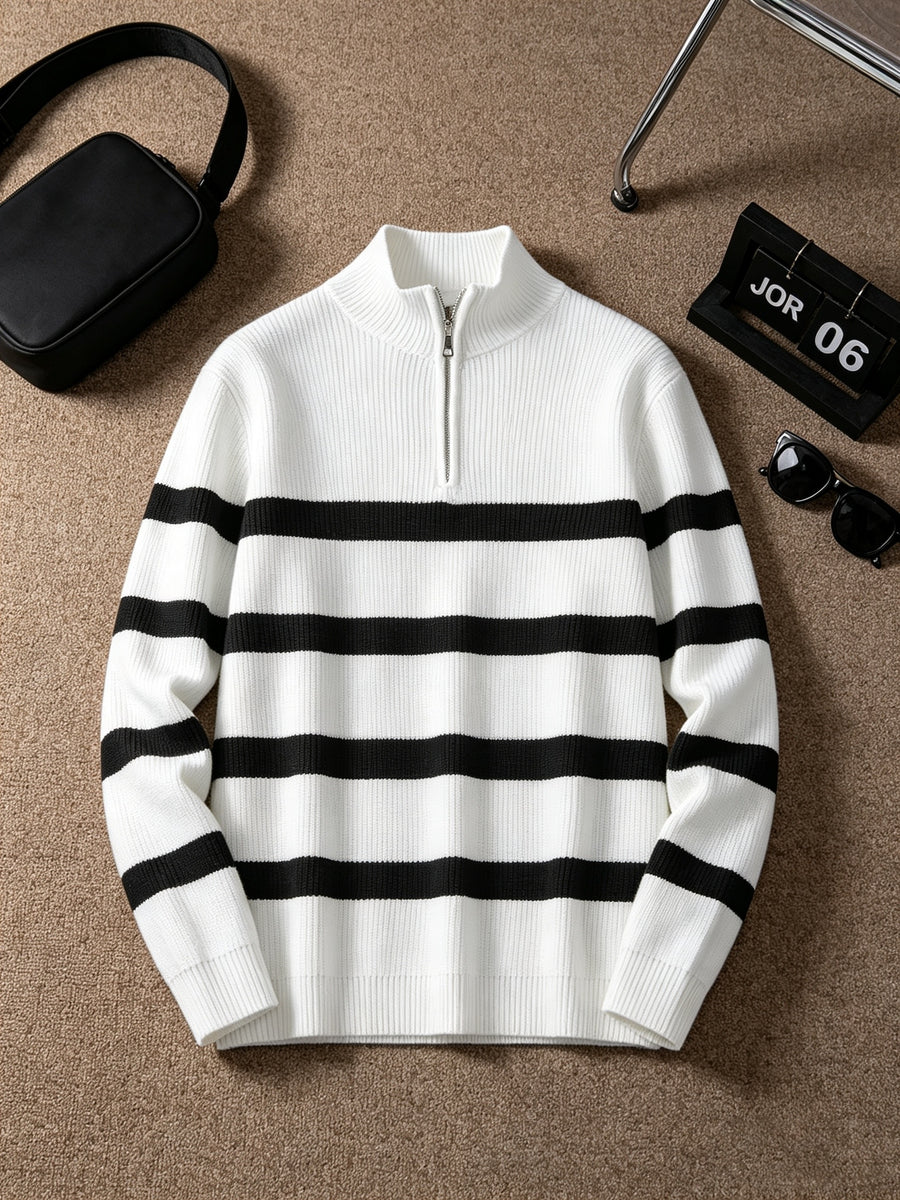 Men'S Semi-High Neck Zipper Knit Sweater, Wide Horizontal Stripe Long Sleeve Pullover, Casual Loose Knit Jacket - White