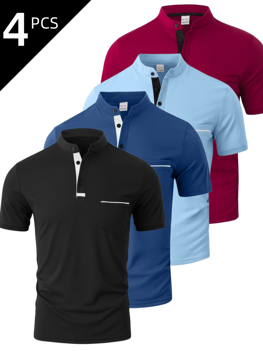 [Josh May OBM] 4pcs Set, Solid Color Stand-Up Collar Henley Shirts, Breathable Quick-Dry Casual Shirts, Lightweight Stretch, No Ironing Required, Durable And Wearable, Button-Up Design, Suitable for Summer Office, Yacht Wear, Casual Attire - Black+Sea Blue+Light Blue+Wine Red