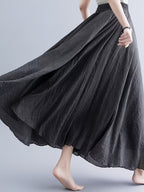 Solid Color Ethnic Style Literary Double-Layer Non-See-Through Midi Skirt for Women, Spring Summer Autumn Zen Style Long Dress with Wide Hem, High Waist Flowy - Dark Gray