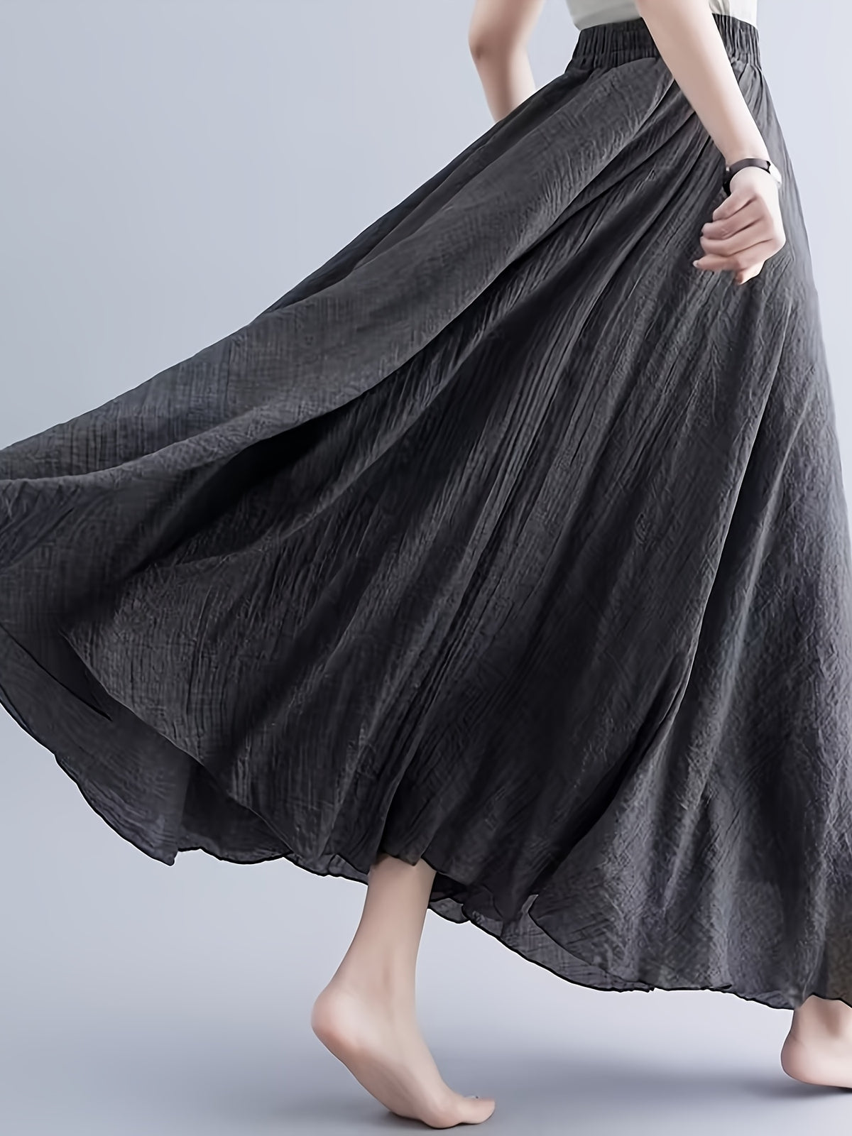 Solid Color Ethnic Style Literary Double-Layer Non-See-Through Midi Skirt for Women, Spring Summer Autumn Zen Style Long Dress with Wide Hem, High Waist Flowy - Dark Gray