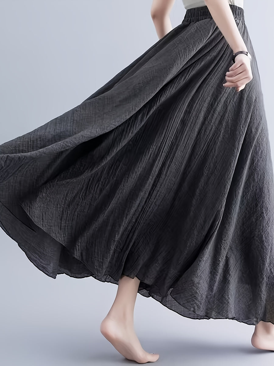 Solid Color Ethnic Style Literary Double-Layer Non-See-Through Midi Skirt for Women, Spring Summer Autumn Zen Style Long Dress with Wide Hem, High Waist Flowy - Dark Gray