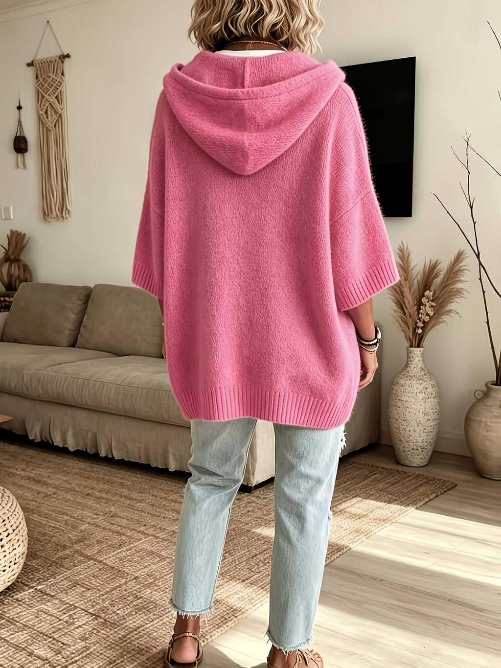 Women's Casual Hooded Drawstring Top Loose Off-Shoulder Wide 3/4 Sleeve Soft Sweatshirt Oversized Body-Covering Batwing Sleeve Pullover Ribbed Hem Solid Color Slouchy Hoodie - Pink Color