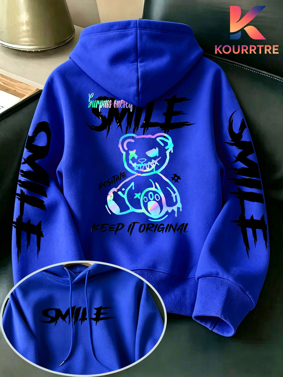 Men's Street-Style Cool Gradient Bear Symbol Hooded Sweatshirt, Featuring a Graffiti Bear Personality Print, Embodying American Street Fashion Culture, an Exclusive Item for Trendsetters! This Men's Hooded Sweatshirt Is Made from Selected - Color Blue