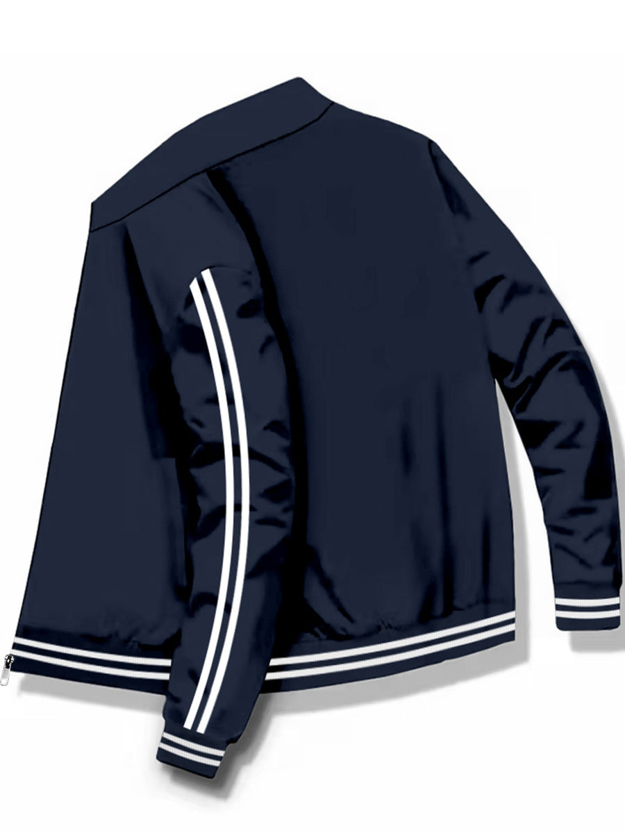 Men's Spring/Autumn Stand Collar Baseball Jacket with "BLACK" Lettering and Diamond Pattern Print, Zipper Front with Contrast Stripes, Lightweight Casual Windproof Sports Jacket - Sea Blue