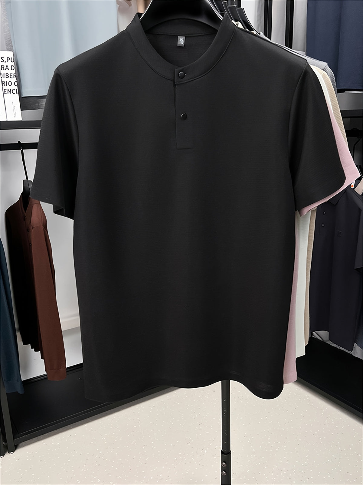 Men'S Henley Shirt Summer New Style, Solid Color Round Neck Top, Half-Button Placket, Button Closure Design, Layering with Thin Jacket, Versatile for Business Office, Golf Sports, Casual Outings, Short Trips, Father'S Day Gift, Men'S Gift - Black