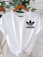 Short-sleeved T-shirt with Floral Logo | Trendy Printed T-shirt for Women'S Spring and Summer, Casual Style, Crew Neck, Regular Length - White