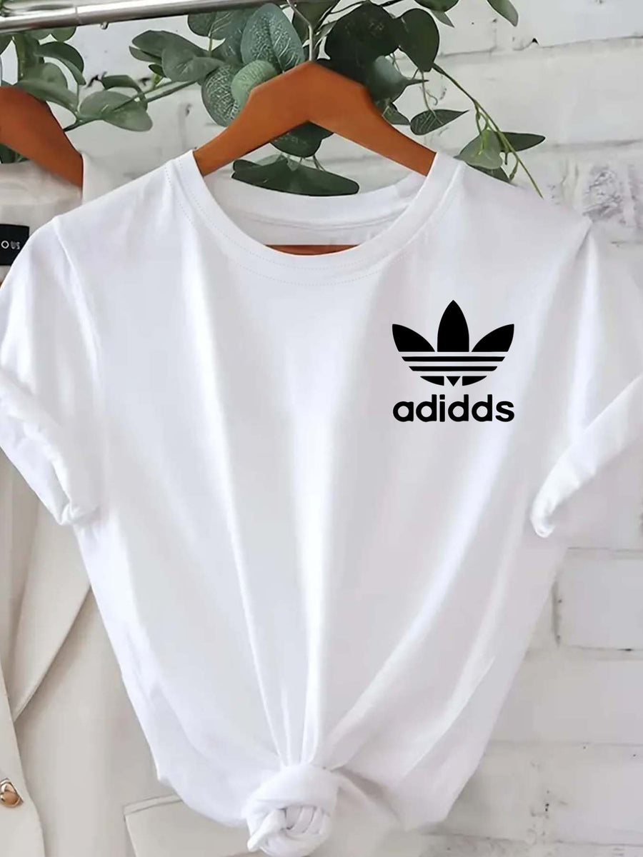 Short-sleeved T-shirt with Floral Logo | Trendy Printed T-shirt for Women'S Spring and Summer, Casual Style, Crew Neck, Regular Length - White