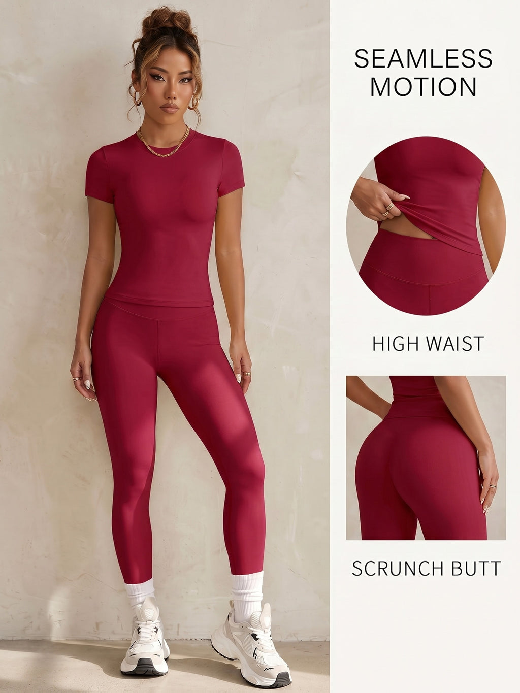 Round Neck Short Sleeve High-Waist Butt-Lifting Pants Set, Stretchy Nude-Feel Skin-Friendly 2pcs Set, Quick-Drying Breathable Wear, Tummy Control Peach Butt Training Outfit, Versatile Wearable Outer Casual Swear. 4-Way Stretch with Zero Restriction - Red