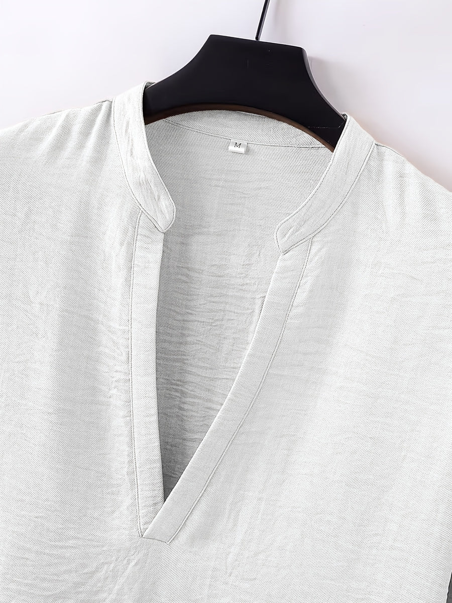 Men's Stand-Up V-Neck Half-Open Placket Linen Long-Sleeve Shirt, Solid Color Basic Style, Suitable for Beach Vacations, Daily Outings, and Casual Gatherings, Can Be Worn Alone or as an Inner Shirt - White