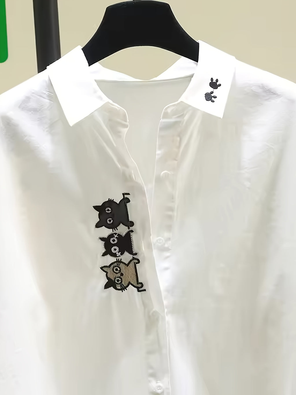 YYTT Spring/Autumn New Cute Cat Embroidery Breathable Shirt Women'S Casual Versatile Layering Long Sleeve White Top - White