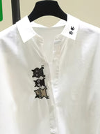YYTT Spring/Autumn New Cute Cat Embroidery Breathable Shirt Women'S Casual Versatile Layering Long Sleeve White Top - White