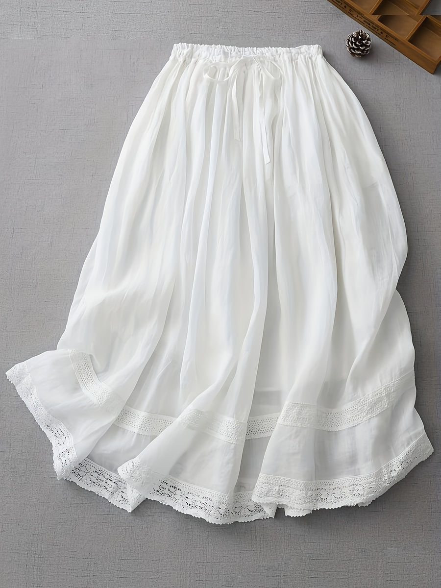 In Soft Pink Tones, Like a Dreamy Landscape, Comfortable And Skin-Friendly, Outlining a Casual Silhouette, with The Hem Adorned Like Flowers Blooming in a Green Field. This Skirt Is a Blend of Fashion And Comfort, Allowing You to Wear Romance And Em - White