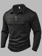 Men's Fashion Top, Autumn/Winter Outdoor Casual Randomly Cut Wheat Ear Texture Fabric, Solid Color Lapel Zipper Patch Long Sleeve Men's Polo Shirt - Black