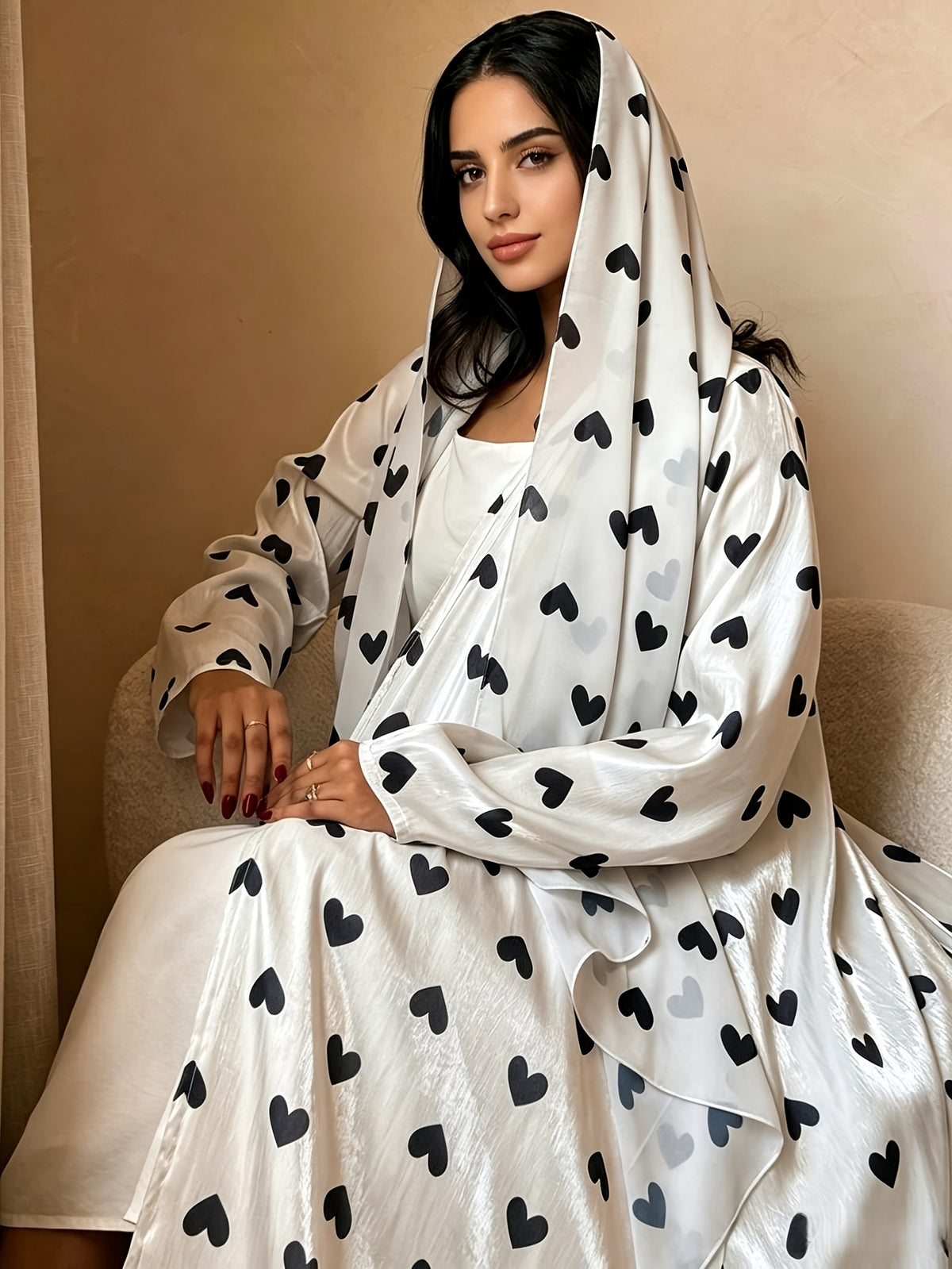 1 Set Heart Print Satin Abaya Set With, Elegant Flare Maxi Open Abaya for Women - White