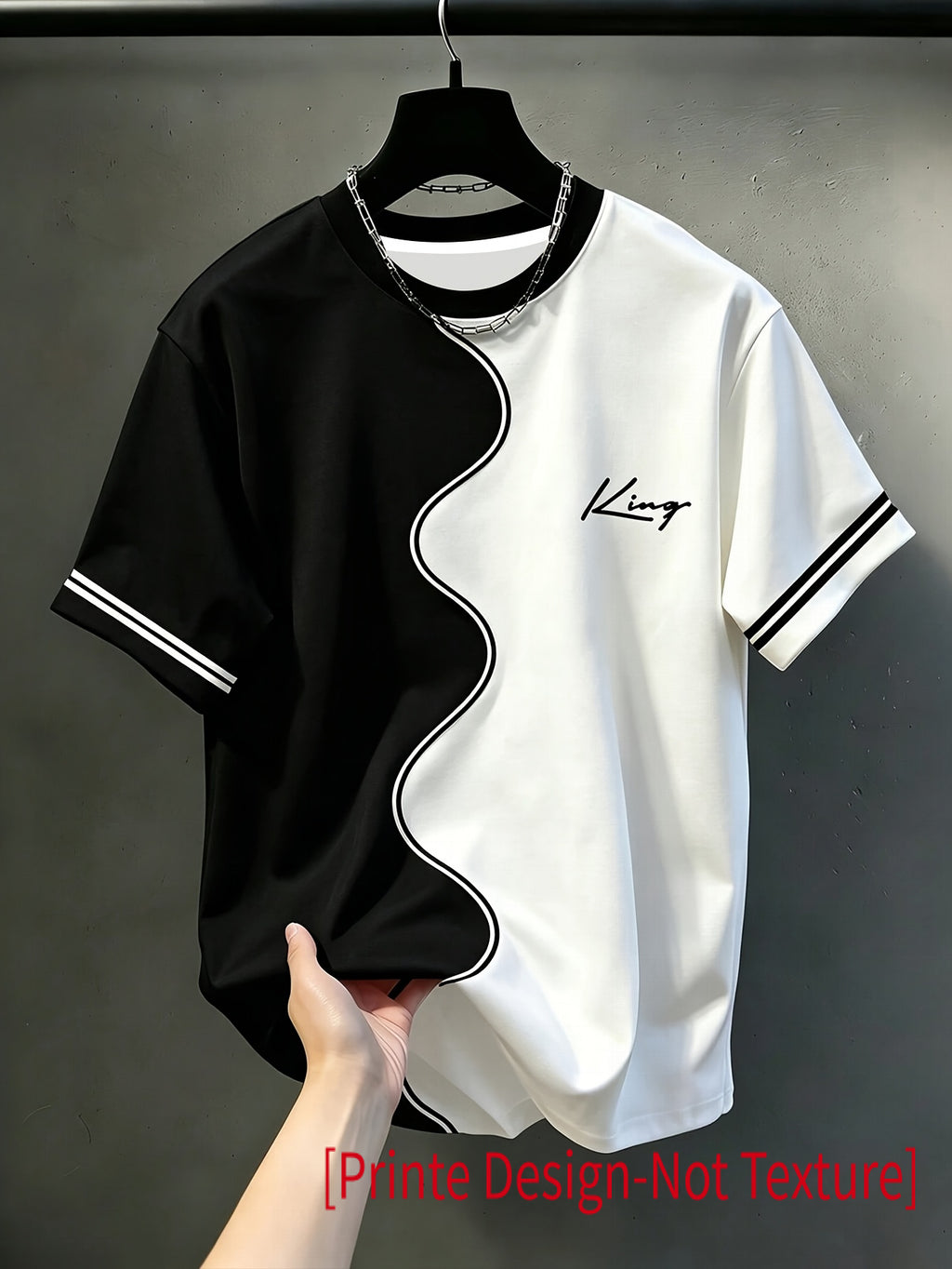 Printed Design - Non-Textured Men's Casual Crew Neck T-Shirt, Geometric Pattern Patchwork Stripe Design, KING Word Graphic, Draping Fashion Top, All-Season Wear, Breathable Regular Fit for Daily and Formal Outfits - Crew Neck Casual Top - Mixed colors