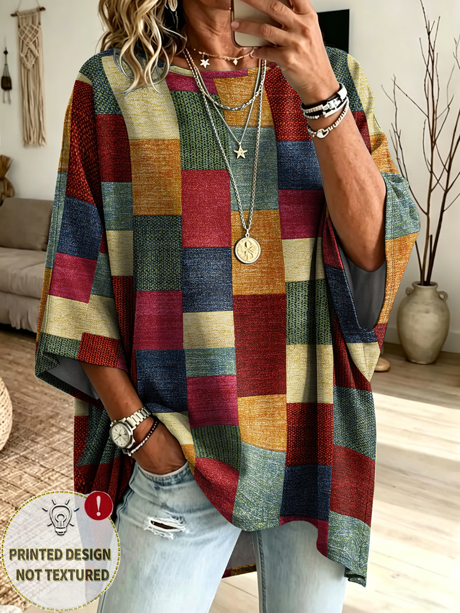 Plus Size - Printed Multicolor Plaid Texture Color-Block Printed Hooded Sweatshirt, Western Plus Size Women'S 3/4 Sleeve Street Trendy Casual Versatile Top, Loose Drop Shoulder Lazy Style Contrast Patchwork Casual Pullover Hoodie (No Additions) - Red And Green Color Matching