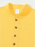 Men's Mountain Graphic Short Sleeve Henley Shirt, Mandarin Collar Half Placket Button Casual T-Shirt, Lightweight And Linen Blend Texture Summer Beach Tops - Yellow
