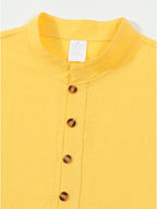 Men's Mountain Graphic Short Sleeve Henley Shirt, Mandarin Collar Half Placket Button Casual T-Shirt, Lightweight And Linen Blend Texture Summer Beach Tops - Yellow