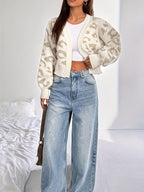 Women's White Leopard Print Casual Cardigan, Loose Fit, Minimalist Design, Suitable for Autumn and Winter, Perfect for Casual Attire. - Ivory White
