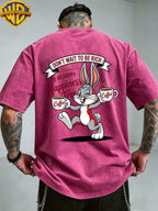 Warner Bros. Officially Authorizes Joyful Cartoon Rabbit Handheld Two Cups of Coffee Printed Retro Washed Outdated Short Sleeve T-Shirt for Men And Women, Machine Washable Daily Commuter Outdoor Sports And Leisure Top - Rose Red
