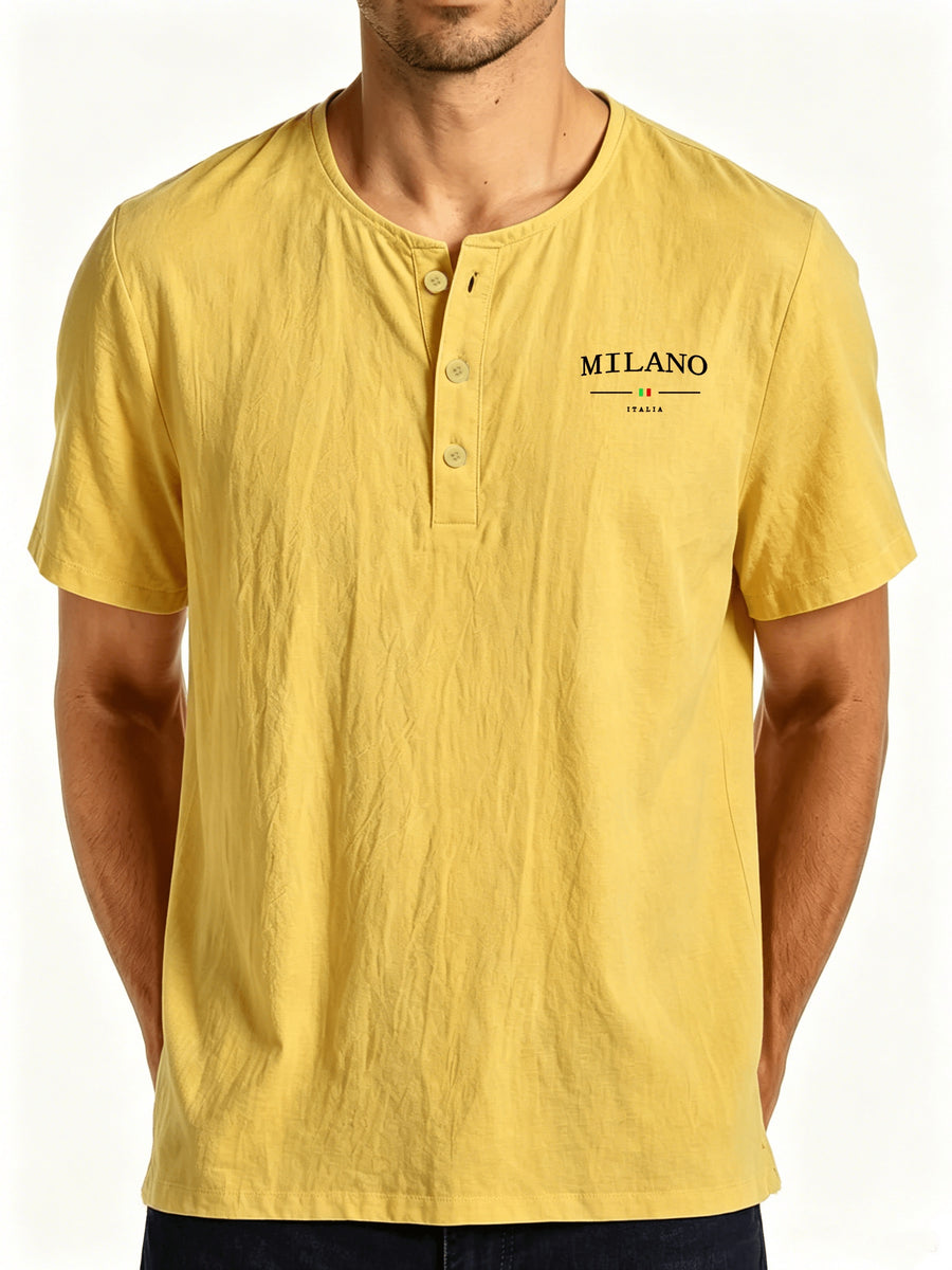 European-style Minimalist Printed Henley Collar Short-Sleeve Men's T-Shirt, Lightweight with Pleated Texture, Loose Fit for Beach Vacation Casual Wear - Yellow