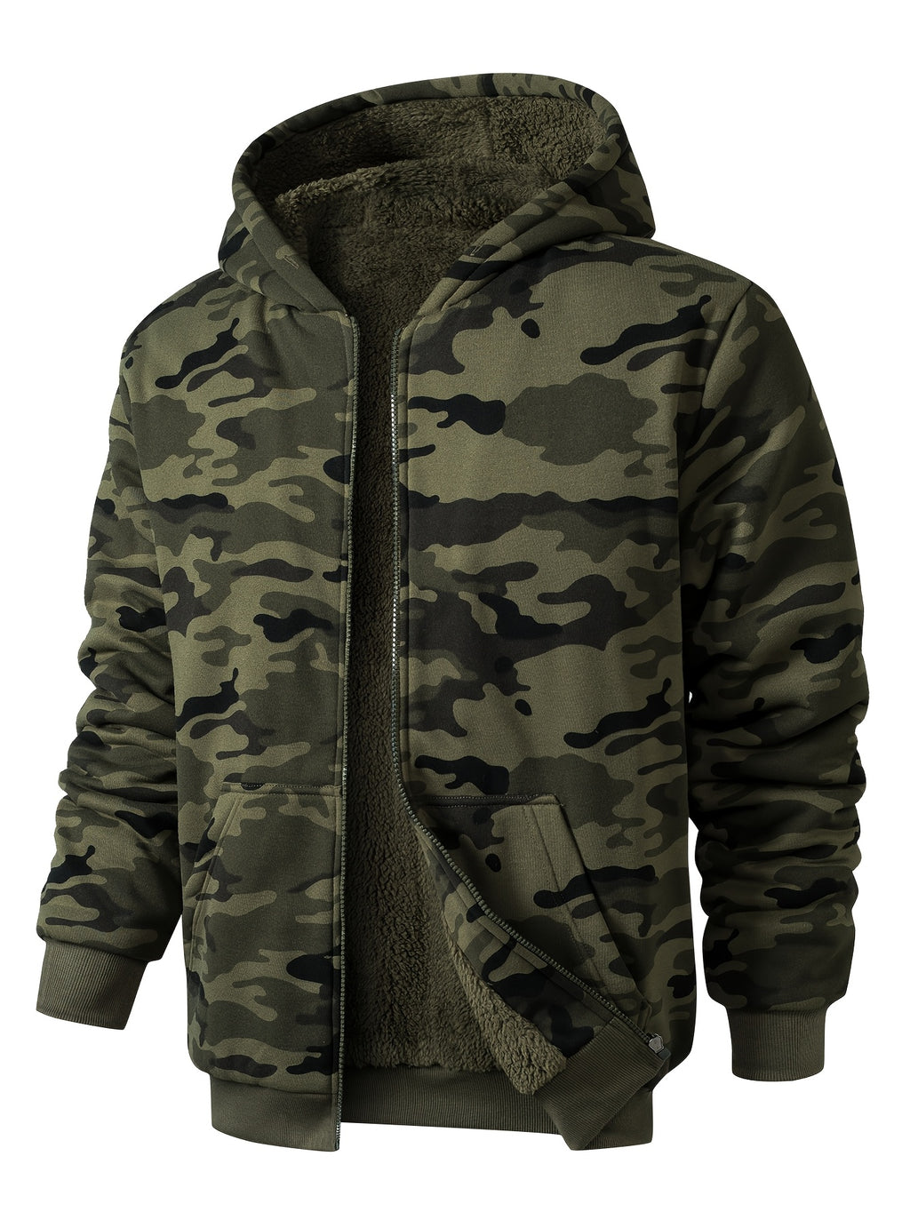 Men's Camouflage Outdoor Sports Hoodie, Soft Warm -Lined Hooded Sweatshirt with Kangaroo Pocket, Hunting - fern green