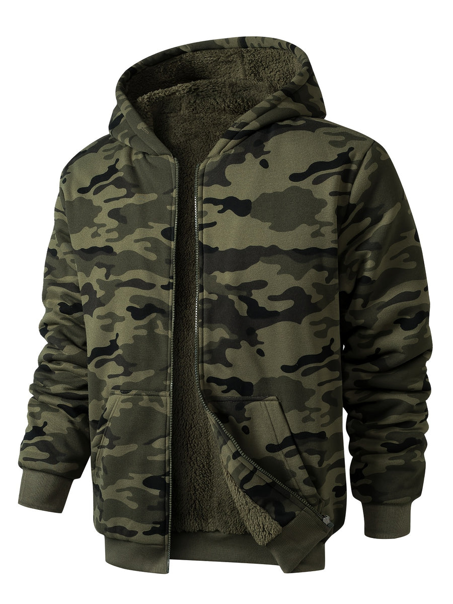 Men's Camouflage Outdoor Sports Hoodie, Soft Warm -Lined Hooded Sweatshirt with Kangaroo Pocket, Hunting - fern green