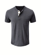 Men'S Summer Round Neck Short Sleeve T-Shirt Henley Shirt Pocket Top - Dark Gray