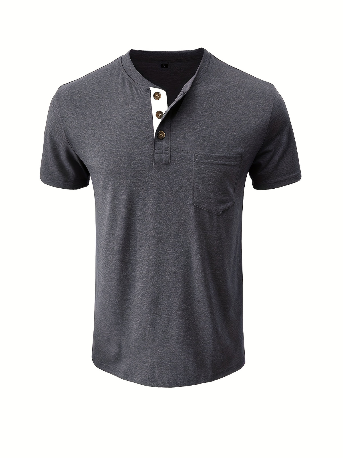 Men'S Summer Round Neck Short Sleeve T-Shirt Henley Shirt Pocket Top - Dark Gray