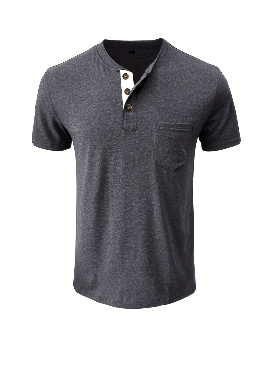Men'S Summer Round Neck Short Sleeve T-Shirt Henley Shirt Pocket Top - Dark Gray