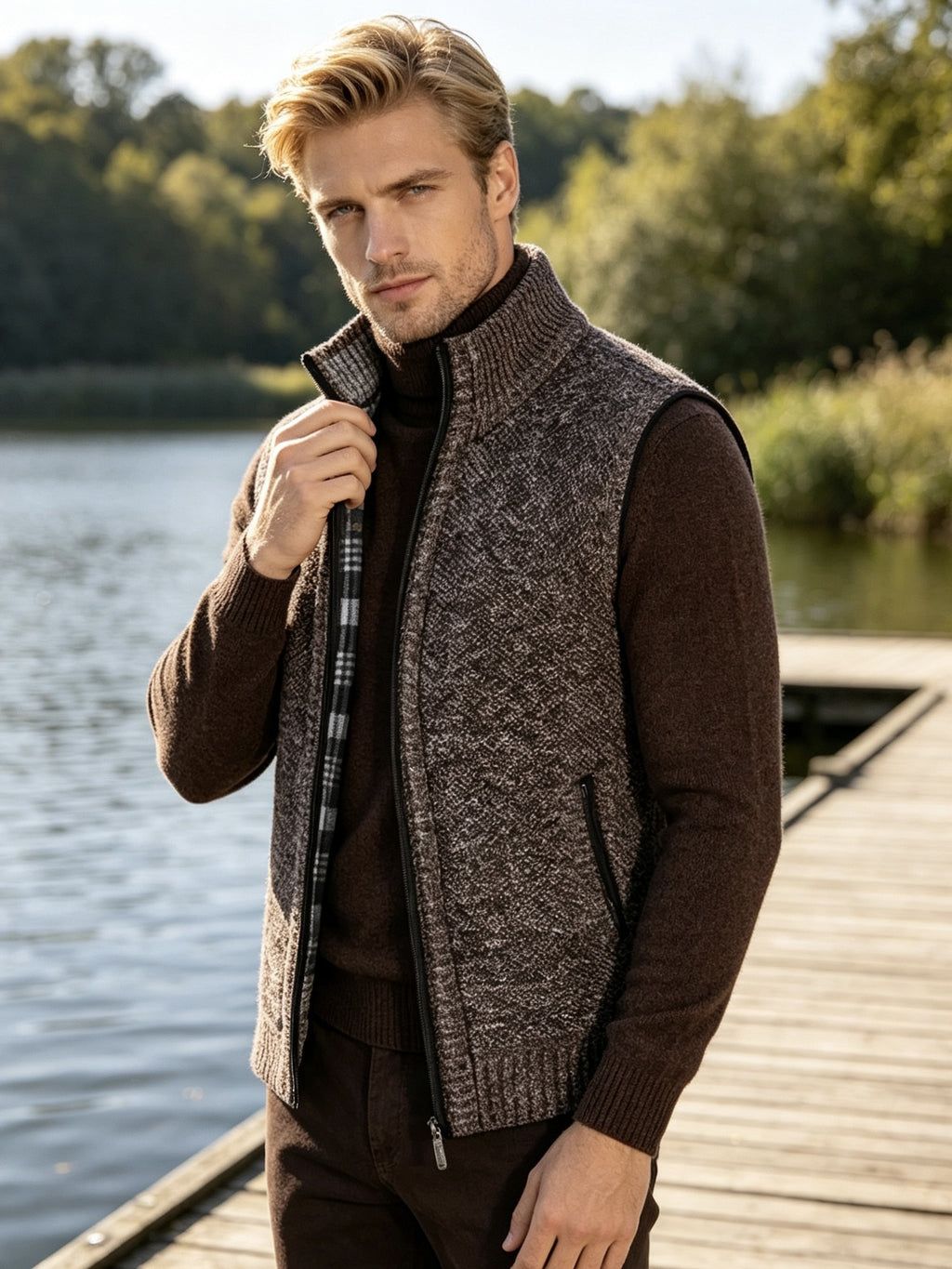 Men'S Stand Collar Zip-Up Vest, Thick Warm Sleeveless Sweater Waistcoat Gilet, Casual Fall Winter Outerwear Sleeveless Cardigan for Daily Commute Outdoor Street Wear - Coffee Color