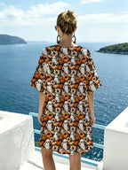 V-neck Loose-fit Straight-cut Short Dress with Vintage Pumpkin Floral Pattern, Relaxed Tailoring, Drapey and Breathable Fabric, Perfect for Creating a Halloween Vibe. Ideal for Outings, Parties, and Photo Shoots. Flattering and Figure-flattering - Mixed colors