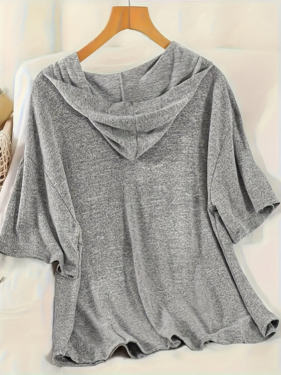 Plus Size Fashion Temperament Casual Solid Color Hooded Sweatshirt Short-Sleeved Top Drawstring Shorts Skirt Two-Piece Set - Grey