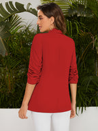 Women's Spring/Autumn Shawl Collar Suit Jacket, Open Front Buttonless Casual Blazer, Neck-Hanging Suit with Lining, Three-Quarter Floral Print Sleeves, Faux Pockets with Flap Design, Soft, Comfortable, and Slightly Stretchy Fabric, Perfect for Daily - Red