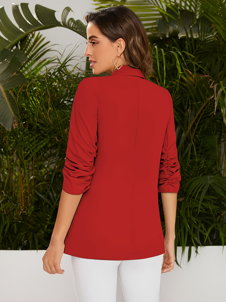 Women's Spring/Autumn Shawl Collar Suit Jacket, Open Front Buttonless Casual Blazer, Neck-Hanging Suit with Lining, Three-Quarter Floral Print Sleeves, Faux Pockets with Flap Design, Soft, Comfortable, and Slightly Stretchy Fabric, Perfect for Daily - Red