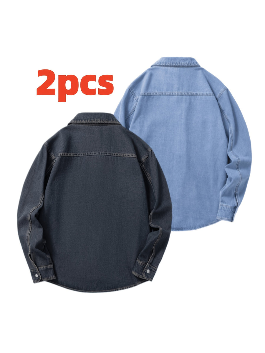 Men's Two-pc Non-Stretch Denim Shirts, Vintage Washed Workwear Long Sleeve Loose Fit Versatile Casual Jackets - Nostalgia + Light Blue