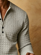 Early Autumn New Men'S Textured Plaid Patchwork Henley Long Sleeve Shirt, 7-Button Casual Collar Soft Long Sleeve T-Shirt, Mature And Atmospheric Regular Fit, Golf And City Outing Wear - Light Grey