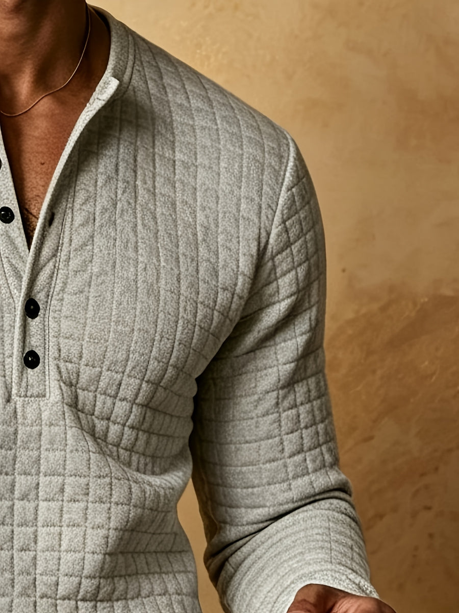 Early Autumn New Men'S Textured Plaid Patchwork Henley Long Sleeve Shirt, 7-Button Casual Collar Soft Long Sleeve T-Shirt, Mature And Atmospheric Regular Fit, Golf And City Outing Wear - Light Grey