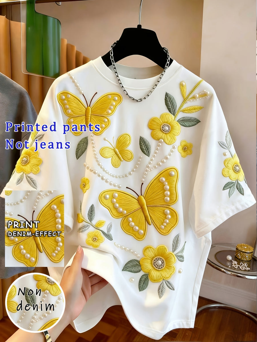 [Printed Design-Not Textured] New Women'S Blue Butterfly Floral Pattern T-Shirt, Women'S Round Neck Short Sleeve, White Base Elegant Fruit Print, Summer Daily Commute Casual Fashion Basic Style - White