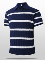 Summer Lapel Short Sleeve Polo Shirt, Men'S Loose American Stretch T-Shirt Style Striped Short Sleeve Knit Sweater, Polo Shirt with Jacquard Design, Soft Texture Fabric, Outdoor Casual Business Breathable Lacrosse Shirt Golf Shirt - Navy Blue And White Strips