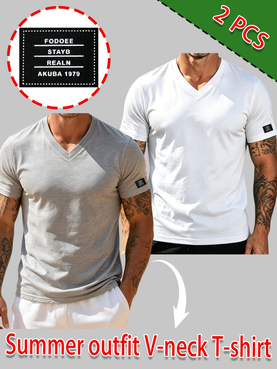 100% Cotton 2pcs Men's Basic V-Neck Pure Cotton Solid Color Short Sleeve T-Shirt, Soft and Skin-Friendly, Versatile Top for Fitness, Casual, and Daily Wear - White+Light Grey