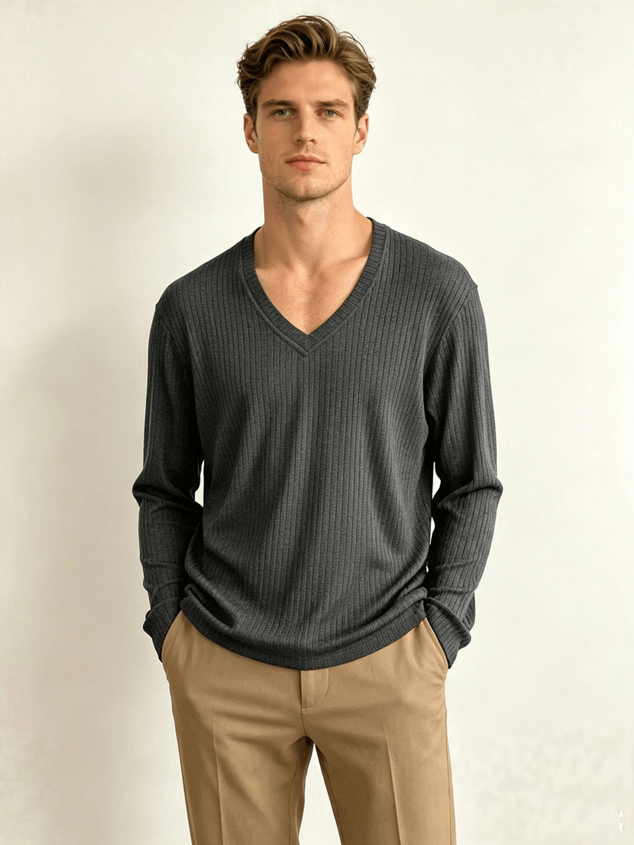 Men'S Black Vertical Ribbed V-Neck Long Sleeve T-Shirt, Easy Loose Drapey Solid Base Layer Commuter Casual Top - Grey