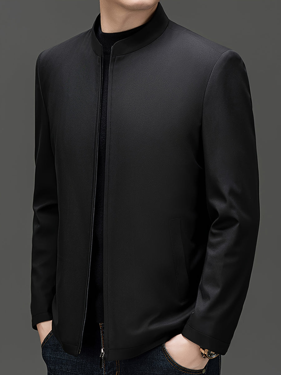 New Men'S Jacket for Spring/Autumn, New Business Casual Top with Stand-Up Collar And Zipper Closure, Machine Washable Polyester, Solid Regular Fit Suitable for Autumn Weather, Men'S Business Casual - Black