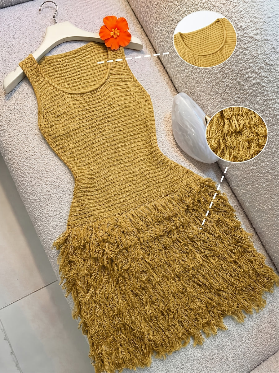 Beach Vacation Style, Handcrafted Tassel Design, And Slender High-End Elegant Vest Dress, High-End And Dignified, Versatile And Fashionable - Yellow