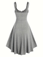 Casual Solid Color, Front Cross Straps with Eye Hook Design, Retro Bust Contour, Short Front Long Back Comfortable Casual, Home, Vacation Dress, Targeted Development - Grey