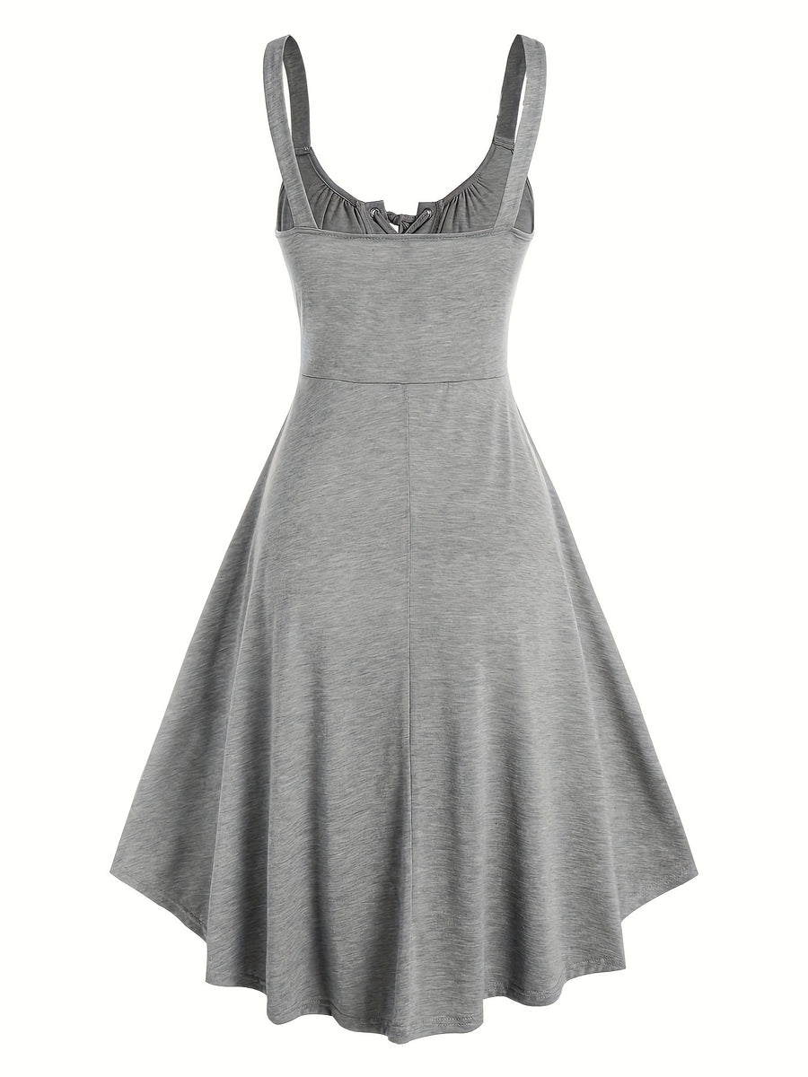 Casual Solid Color, Front Cross Straps with Eye Hook Design, Retro Bust Contour, Short Front Long Back Comfortable Casual, Home, Vacation Dress, Targeted Development - Grey