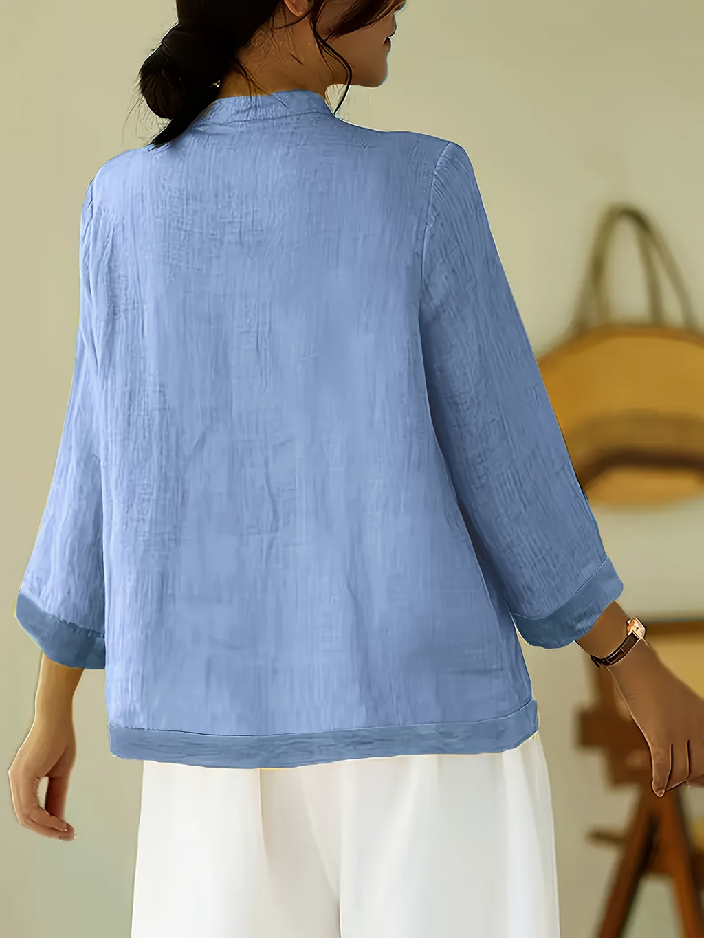 Fashionable Vintage-Style Chinese Shirt with a Stand Collar, Featuring Button Closures And Mesh Panels, Designed for a Loose And Comfortable Fit for Women - Blue