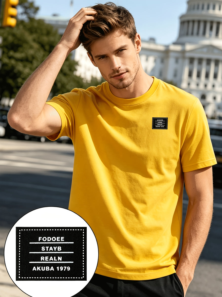 180G Summer Solid Color Pure Men'S Clothing, Multi-Color Optional T-Shirt And Chap Design (1pc) Loose Lazy Skin-Friendly Wrinkle-Free Men'S Basic Top, Short Sleeve Lightweight Breathable - Yellow