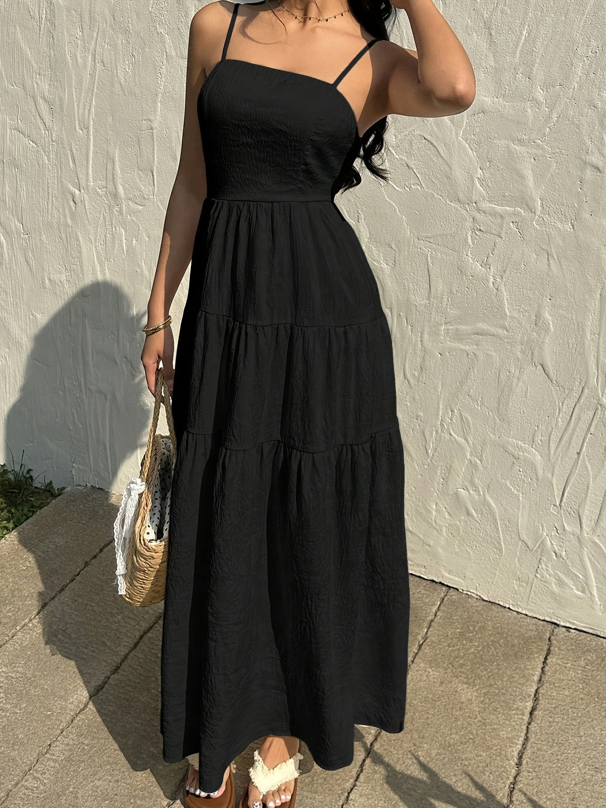 Textured Fabric, Ruched Elastic Waist, Sleeveless Dress, Loose-fitting Effect, Vacation Style - Black